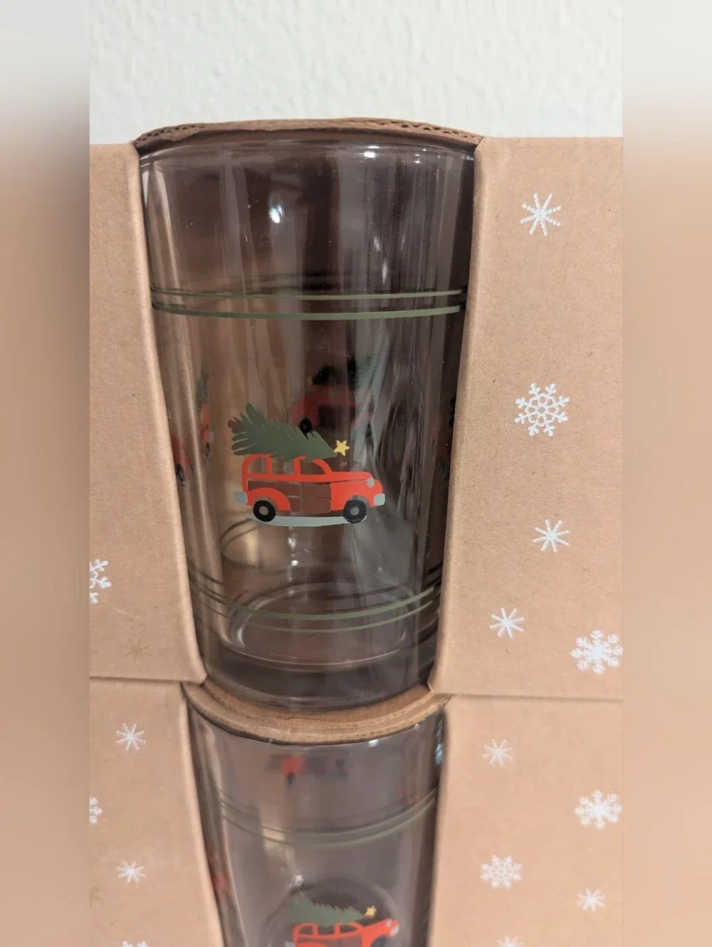 Pottery Barn juice glasses Set of 8 Christmas Car woody Crisa signed NIB